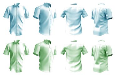 2 Set of pastel green turquoise blue, button up short sleeve collar shirt front, back and side view on transparent background cutout, PNG file. Mockup template for artwork graphic design
