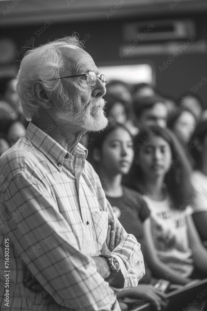 Poster an educator delivering an inspiring lecture to an attentive classroom,