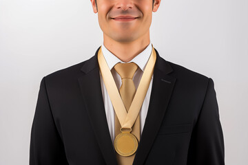 Gold medal hanging around a businessman neck