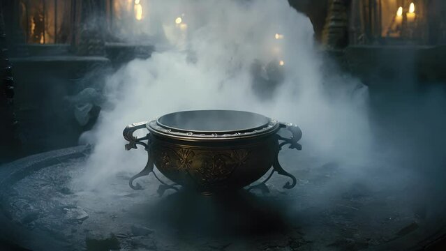 The smoky fog that surrounds the cauldron creates an otherworldly ambiance, adding to the aura of mystery and magic.