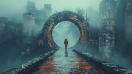 A visual representation of a person walking through a portal, stepping from a historic scene into a futuristic city,