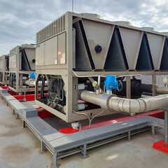 Sets of cooling towers in data center building.	