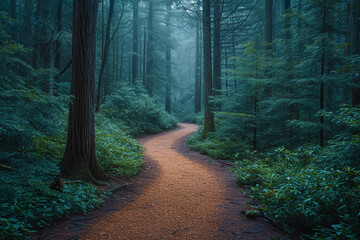 Obraz premium A mystical forest path that splits into multiple, visually distinct trails, each representing a different era,