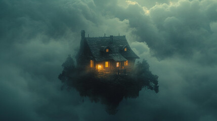 A fantastical image of a small, cozy house floating amidst a nebula, symbolizing isolation and wonder, - obrazy, fototapety, plakaty