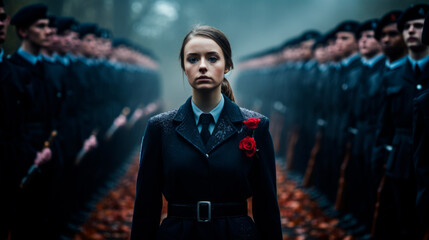 A young woman stands solemnly during a commemorative event surrounded by servicemen with a red flower pinned to her coat. commemorative events. commemorative events. Loss and Seal - obrazy, fototapety, plakaty