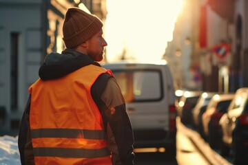 Fototapeta premium A man in an orange vest walking down the street. Suitable for urban lifestyle or cityscape themes
