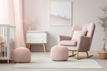a pink and white nursery room with a pastel color scheme. The room has a light and airy feel and features a white crib, a white dresser, and a pink rocking chair.