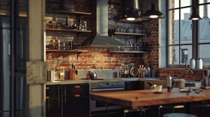 A kitchen with a brick wall and a stove. Perfect for home decor or cooking-themed projects