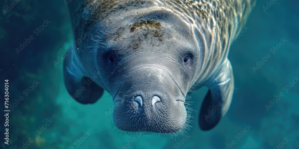 Poster a close-up photograph of a manass looking directly at the camera. this image can be used to convey a