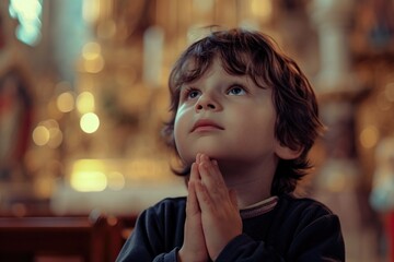 Fototapeta na wymiar A young boy is seen praying in a church. This image can be used to depict spirituality and faith