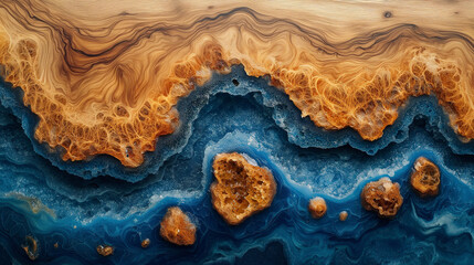 Obraz premium Abstract wood and colored epoxy resin texture background. Captivating image for printing. Contemporary art. Intricate details. Rich colors