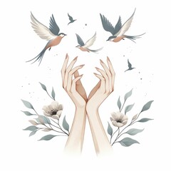 Female hands reaching for the sky with birds,  watercolor illustration, women's day clipart