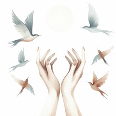 Obraz premium Female hands reaching for the sky with birds, watercolor illustration, women's day clipart