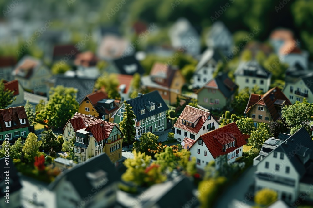 Poster a close up view of a small town with a cluster of houses. this image can be used to showcase the cha