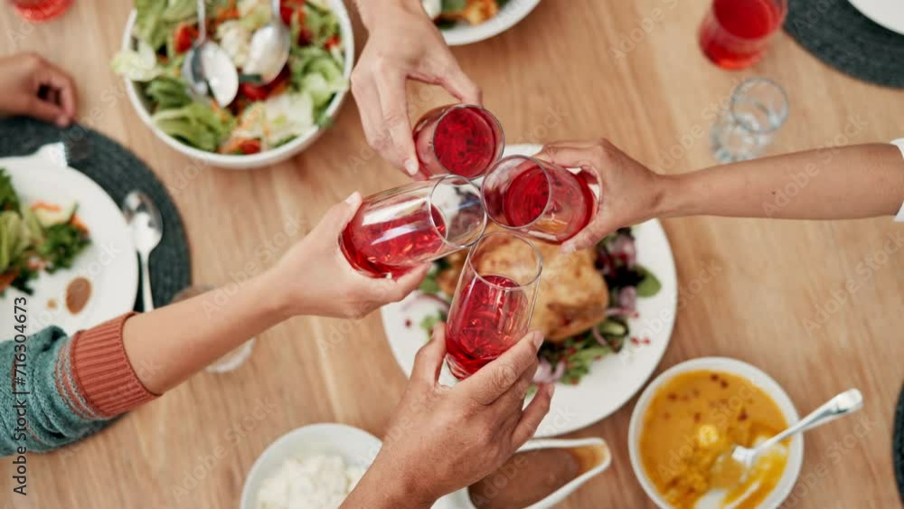 Canvas Prints Hands, food and toast for thanksgiving with family together in home for celebration event of tradition. Cheers, party or gathering with group of people in an apartment, bonding over meal from above