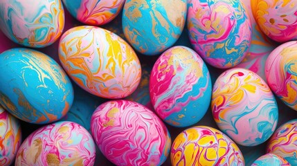 Colorful Easter eggs showcasing fluid art patterns and gold accents.