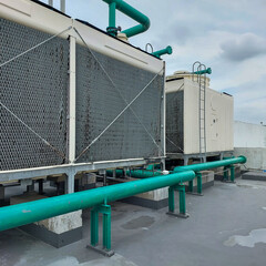 Sets of cooling towers in data center building.	