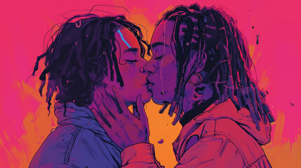 Illustration of a queer gay black couple with dreadlocks in love kissing side view - obrazy, fototapety, plakaty