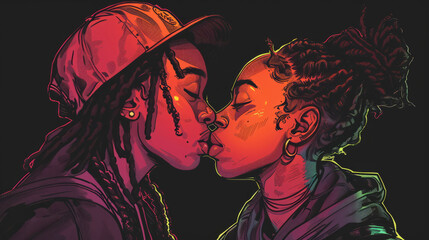 Illustration of a queer gay black couple with dreadlocks in love kissing side view - obrazy, fototapety, plakaty
