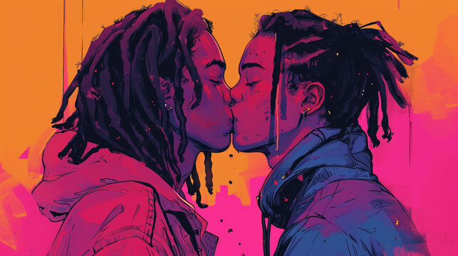 Illustration of a queer gay black couple with dreadlocks in love kissing side view