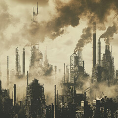 Steampunk Cityscape in Sepia Tones: Industrial Skyline
