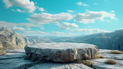 Crédence de cuisine en verre imprimé Turquoise Rock product podium with blue sky and stone mountains landscape in the distance and copy space