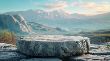 Rock product podium with blue sky and stone mountains landscape in the distance and copy space