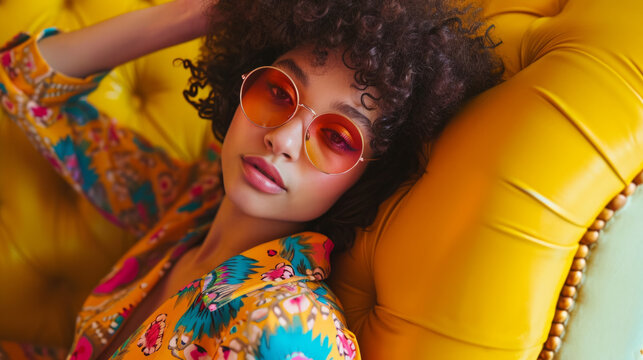 Young woman portrait 1960s-inspired with bold patterns and bright colors , sixties retro revival female fashion photo shoot