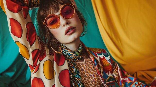 Young woman portrait 1960s-inspired with bold patterns and bright colors , sixties retro revival female fashion photo shoot