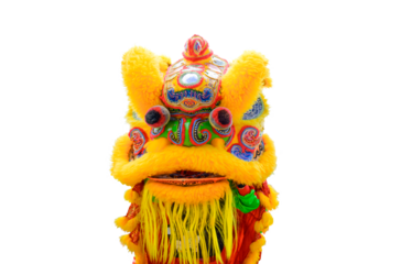 Yellow Chinese lion dance isolated on transparent background, png file