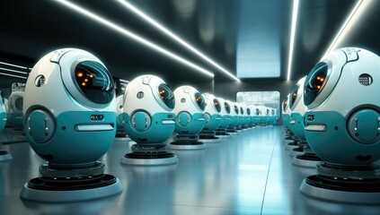 Futuristic robots lined up in a corridor with sleek design and blue lighting, depicting advanced technology and automation.