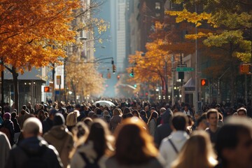 Obraz premium A crowd of people walking down a bustling city street. Perfect for illustrating urban life and city scenes