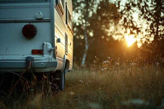 The back end of an RV parked in a field. Suitable for travel and camping themes