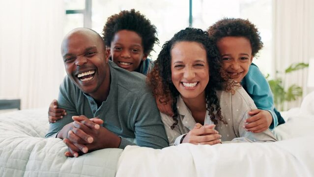Relax, face or black family with happy kids in bed with smile for care, safety or love together. Morning, father laughing or mother playing with funny African children for support, portrait or trust