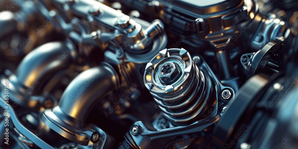 Poster a detailed close up view of a motorcycle engine. perfect for automotive enthusiasts or mechanics loo