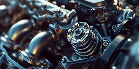 A detailed close up view of a motorcycle engine. Perfect for automotive enthusiasts or mechanics looking for engine reference images