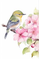 Watercolor Painting of a Nightingale and Cherry Blossoms, ウグイス, 鶯, うぐいす, 桜, illustration art, Generative AI