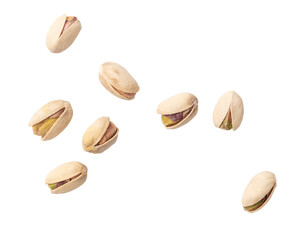 Fresh pistachios isolated on white background. Macro