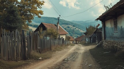 A dirt road in a rural area surrounded by houses and trees. Perfect for depicting countryside living or scenic drives
