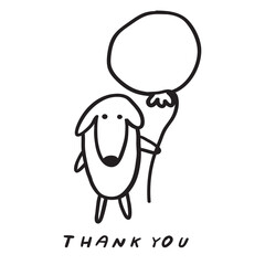 Thank you. Cute dog with air balloon. Flat design. Vector outline hand drawn illustration
