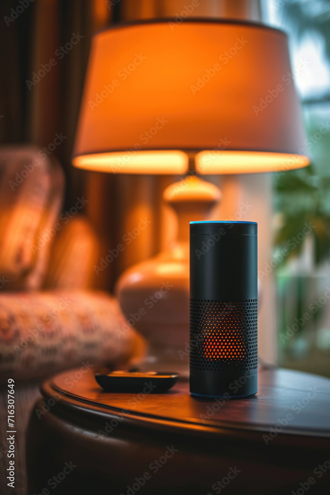 Poster a smart speaker is placed on top of a table next to a lamp. this image can be used to depict a moder