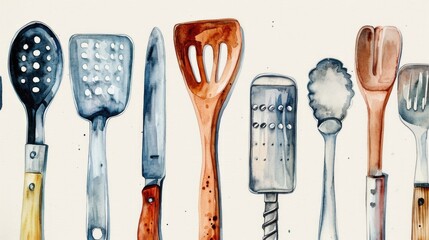 Colorful watercolor painting of a group of kitchen utensils. Perfect for adding a touch of creativity to your culinary designs and food-related projects