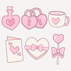 set of pink hearts, Valentine's day element. Gift, heart, balloon, kiss, key, rose, candy, archer, feather, and others for decorative. Sticker cartoon style. Vector illustration.
