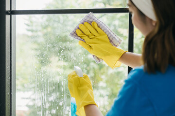 A happy maid uses spray and cloth to clean office windows. Her housework routine emphasizes purity...