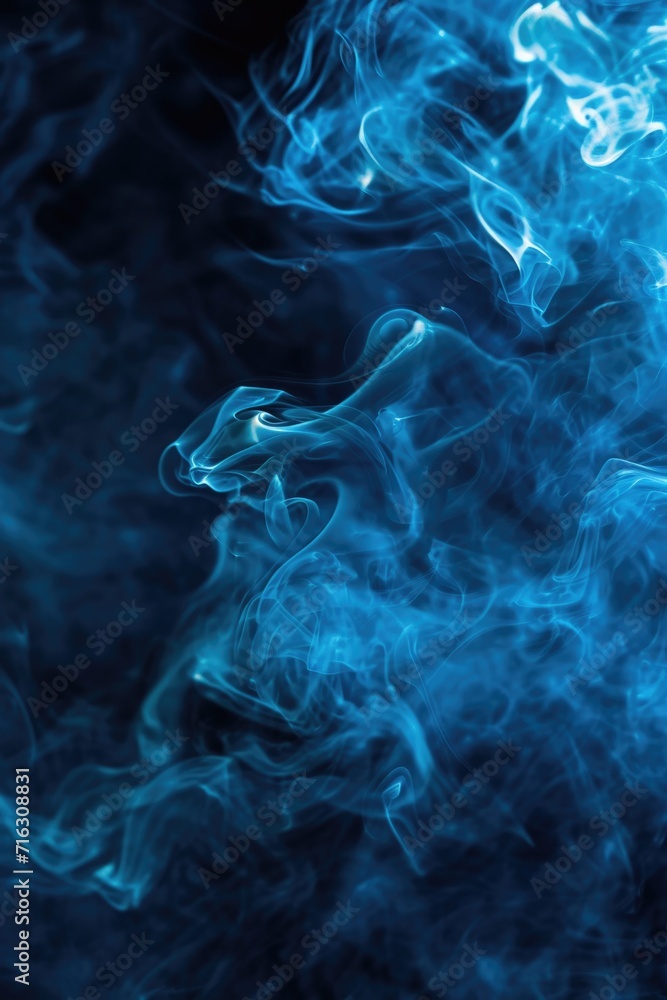 Poster blue smoke in a close-up view on a black background. perfect for adding a mysterious and ethereal to