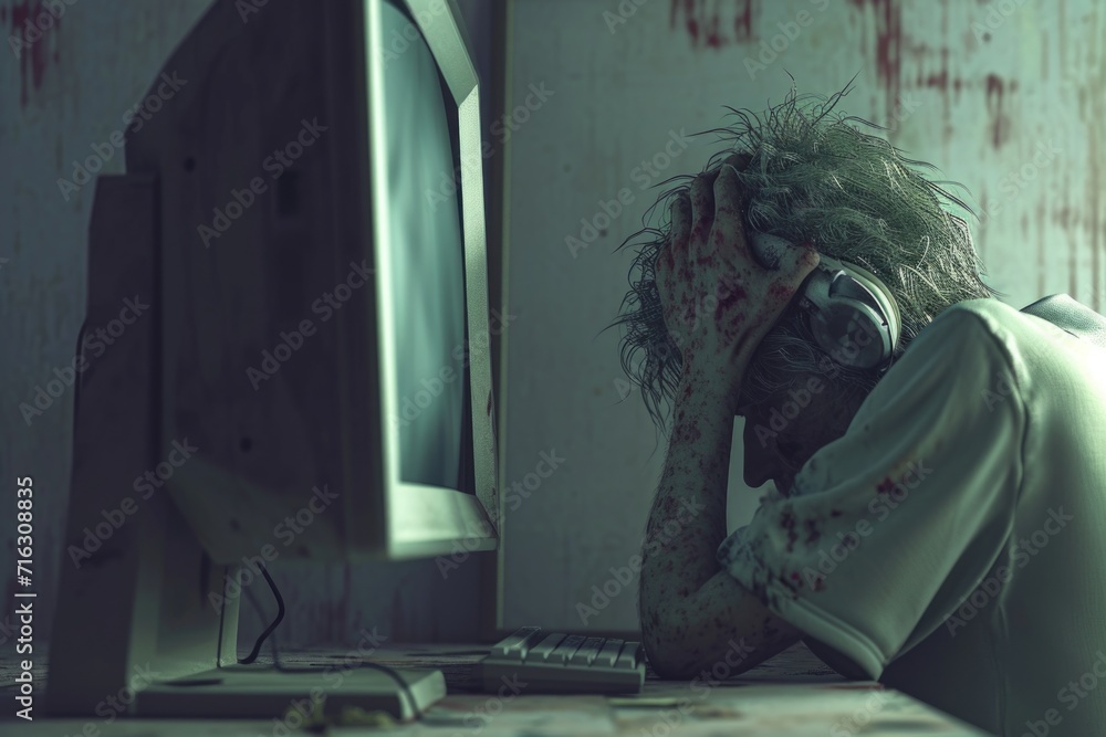Aufkleber a man sitting in front of a computer monitor covered in blood. this image can be used to depict horr