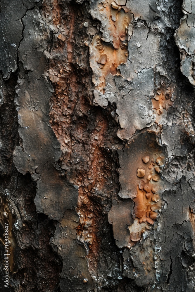 Poster close-up view of a tree trunk with peeling paint. perfect for nature-themed designs and rustic aesth