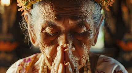An image of an old woman wearing a flower crown on her head. This picture can be used to depict beauty in aging or to symbolize the wisdom and grace that comes with age