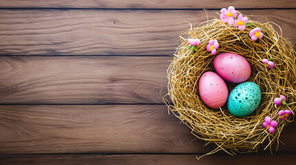 Fototapeta na wymiar Easter Nest full of Colored egg with wooden Background