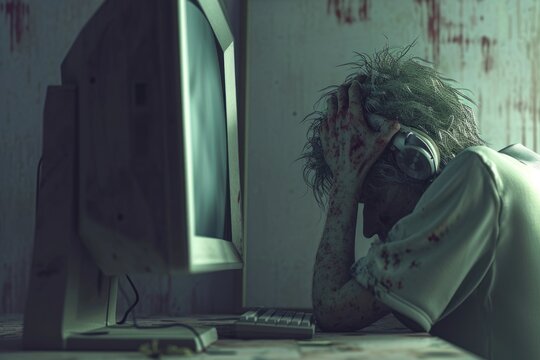 A man sitting in front of a computer monitor covered in blood. This image can be used to depict horror, crime, or a thriller scene